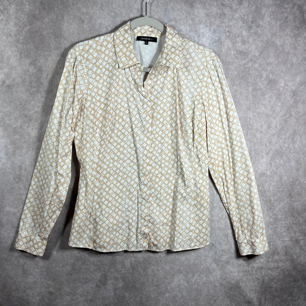 Lafayette 148 Shirt Womens 4 Beige Tan Geometric Button Up Long Sleeves Casual